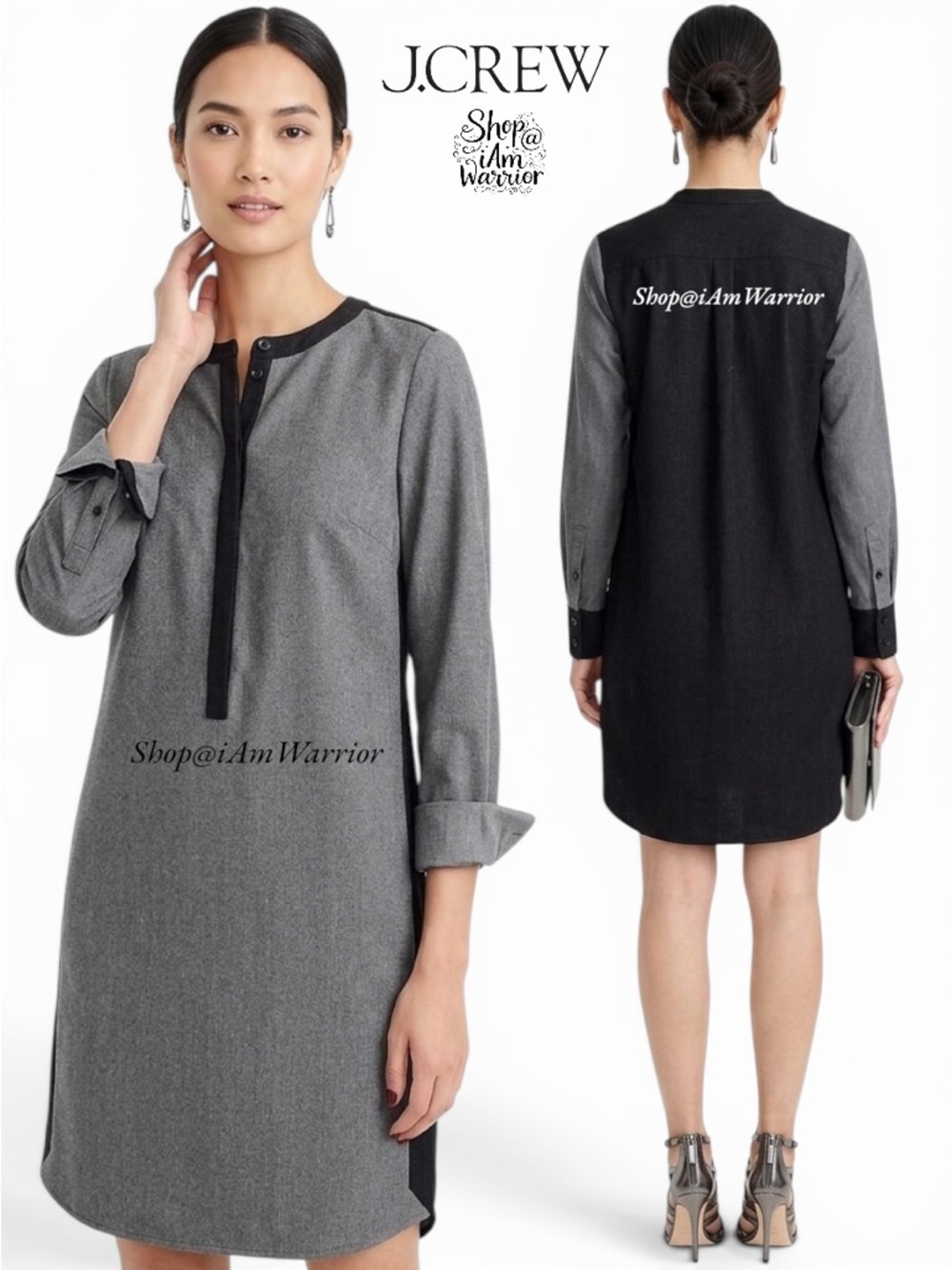 J.Crew Collection graphite wool flannel color-block shirt dress *shop@iamwarrior
